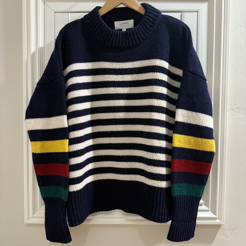 La Ligne New York Navy Blue and White Striped Knitted Sweater - Size Medium